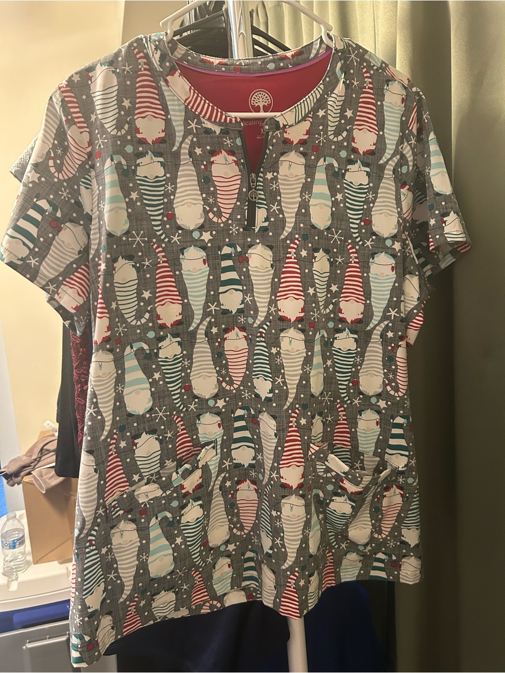 Women’s Christmas Gnome Print Scrub Top